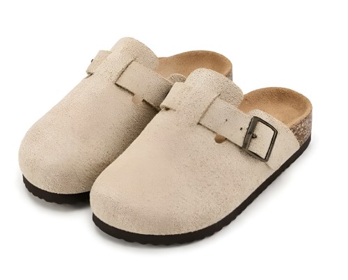 Zamszowe Chodaki Damskie na Korkowej Podeszwie Beżowe Mule z Klamrą