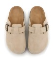 Zamszowe Chodaki Damskie na Korkowej Podeszwie Beżowe Mule z Klamrą