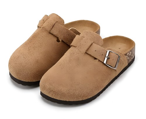 Zamszowe Chodaki Damskie na Korkowej Podeszwie Brązowe Mule z Klamrą