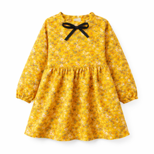 Sukienka dziewczęca musztardowa w kwiaty dziecięca z długim rękawem roz.90-150