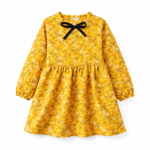 Sukienka dziewczęca musztardowa w kwiaty dziecięca z długim rękawem roz.90-150