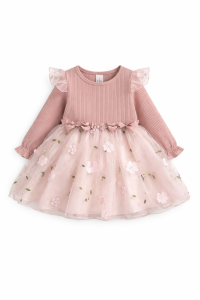 Sukienka niemowlęca tiulowa z haftowanymi kwiatami elegancka dla dziewczynki pudrowy róż