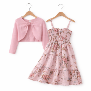Sukienka dziewczęca w kwiaty z różowym bolerkiem – elegancki różowy komplet na wyjątkowe okazje