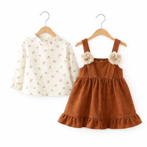 Sukienka dziewczęca z bluzką dla dzieci – elegancki komplet brązowy z falbaną