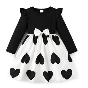 Sukienka dziewczęca czarno-biała z kokardą i motywem serc