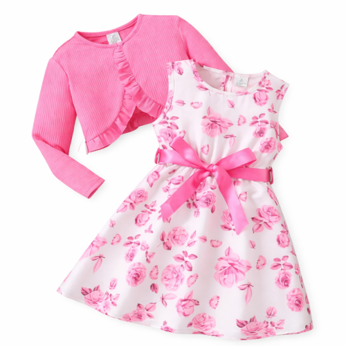 Sukienka dziewczęca w kwiaty ze wstążką różowy sweterek – elegancki komplet dziecięcy