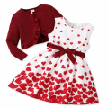 Sukienka dziewczęca w serca ze wstążką bordowy sweterek – elegancki komplet dziecięcy