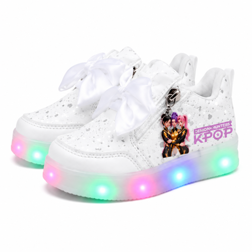 Świecące Buty LED dla Dzieci K-POP Demon Hunters Białe Sneakersy z Kolorowym Podświetleniem